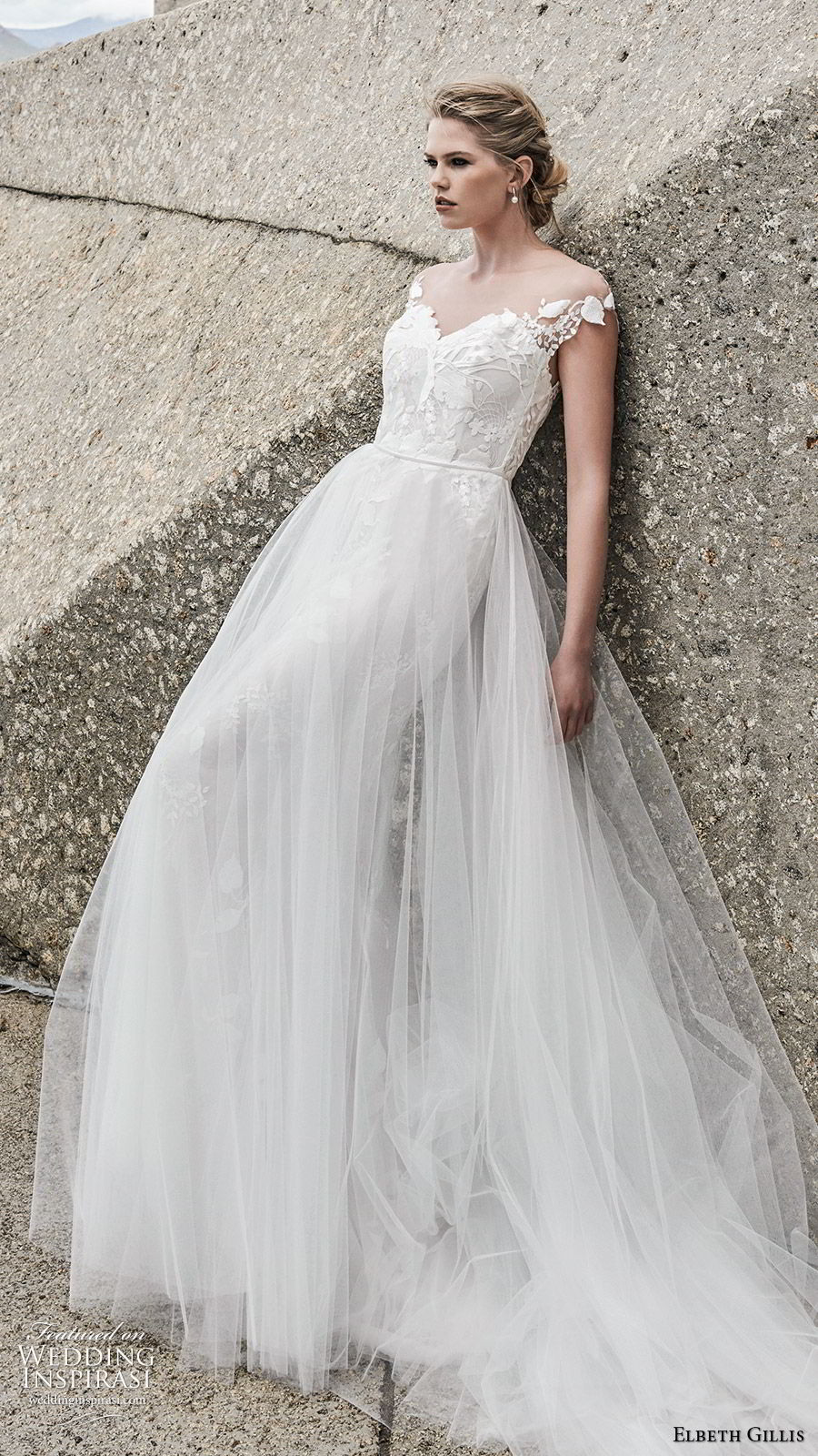 elbeth gillis 2020 bridal illusion cap sleeves sweetheart neckline lace embellished lace sheath wedding dress (10) a line overskirt elegant sweep train mv