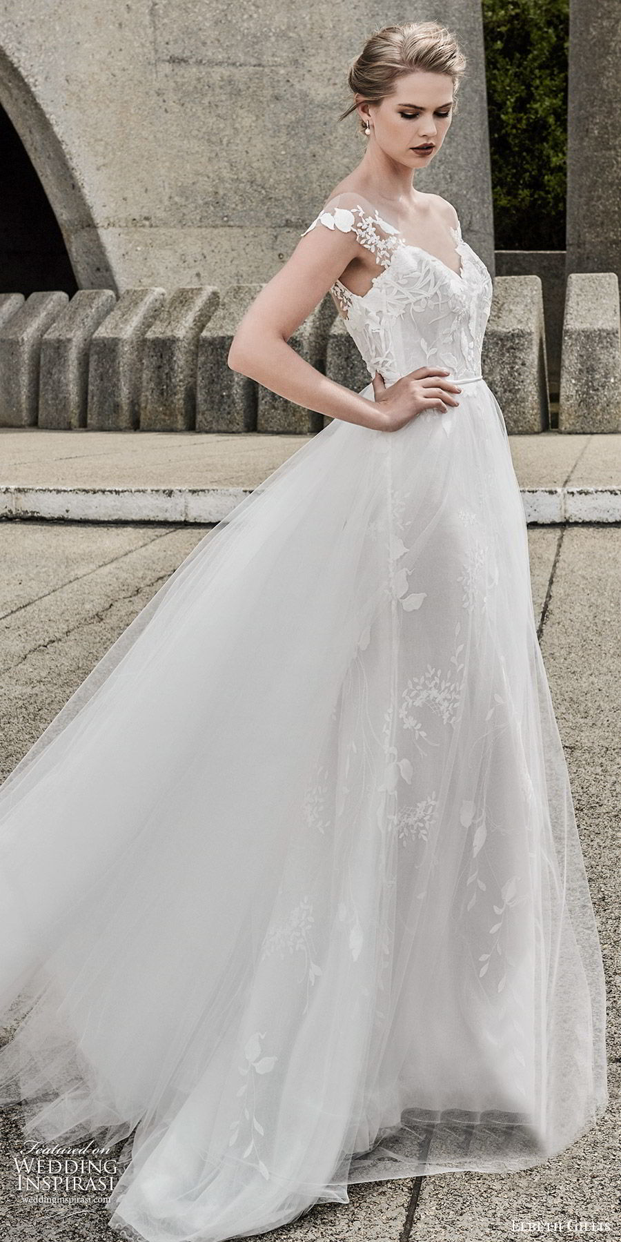 elbeth gillis 2020 bridal illusion cap sleeves sweetheart neckline lace embellished lace sheath wedding dress (10) a line overskirt elegant sweep train sv