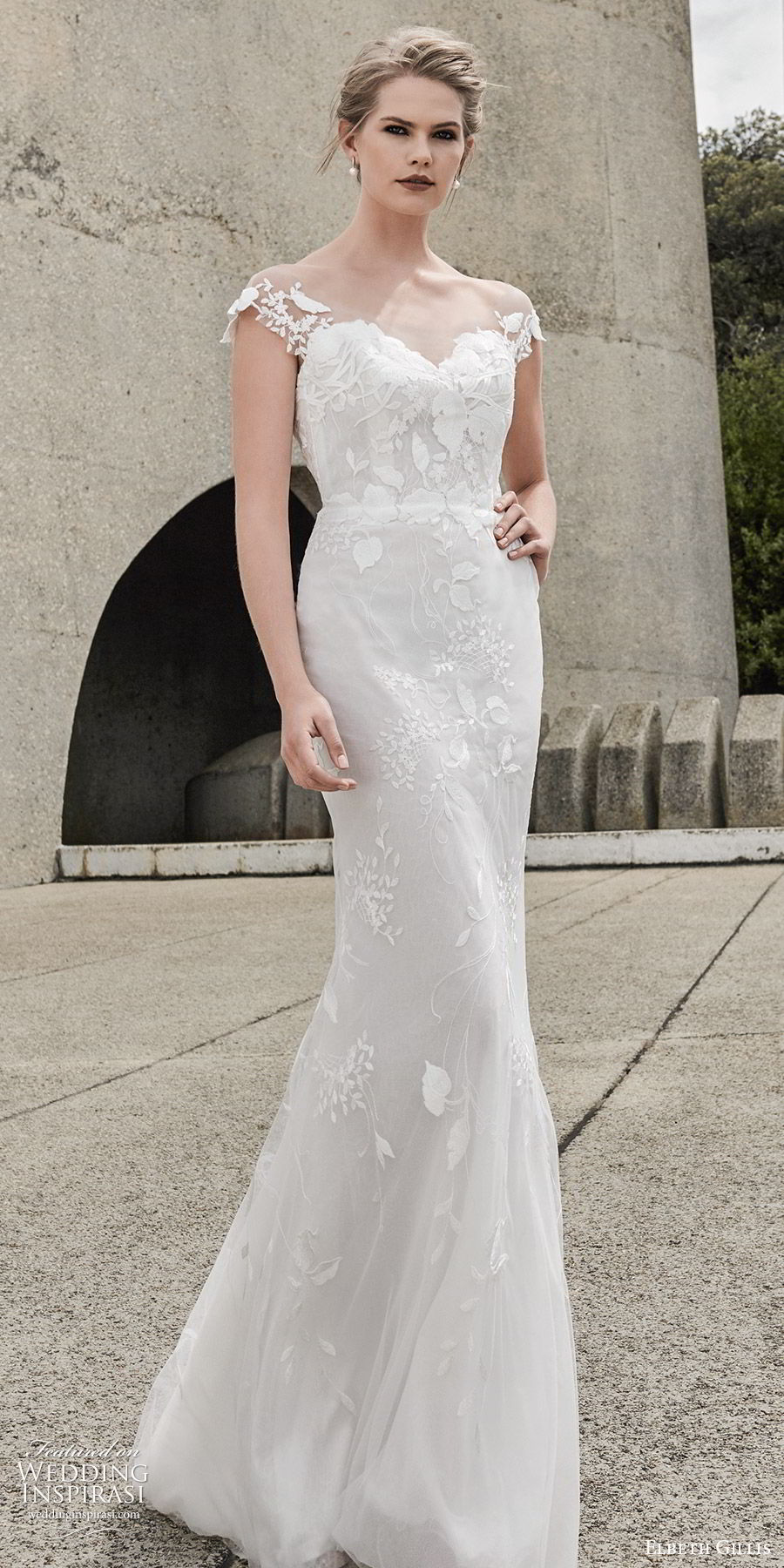 elbeth gillis 2020 bridal illusion cap sleeves sweetheart neckline lace embellished lace sheath wedding dress (10) elegant sweep train mv