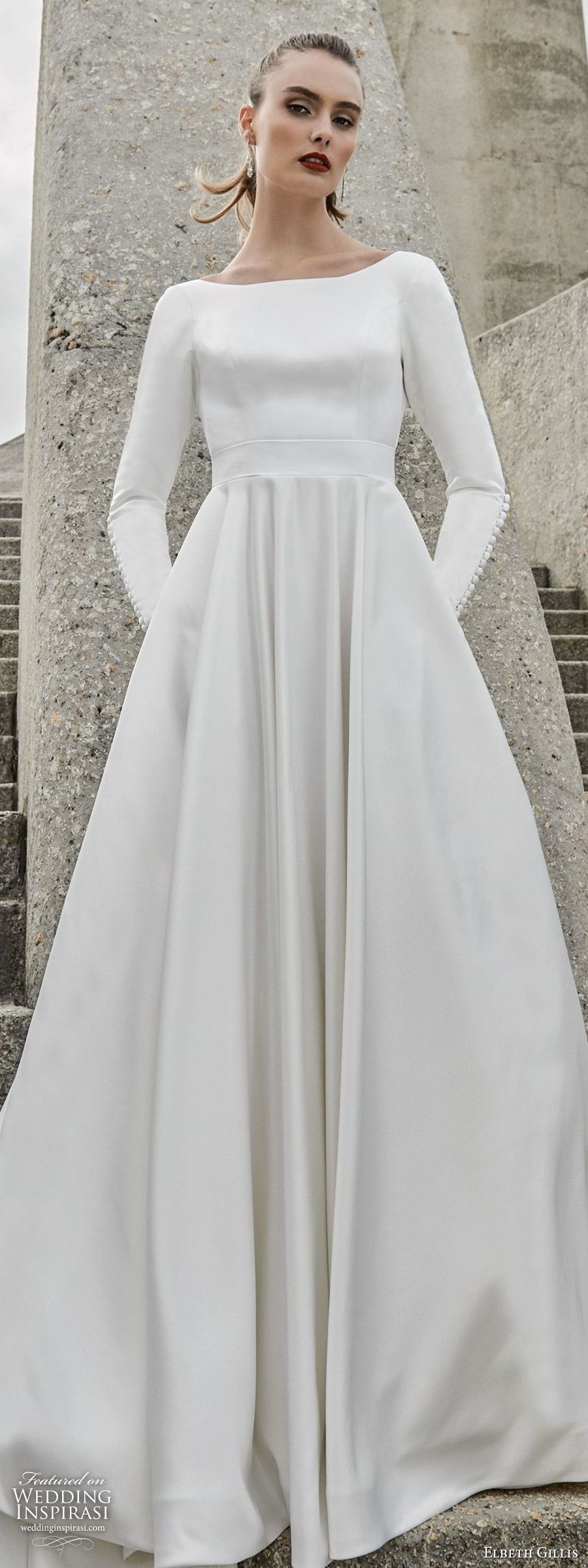elbeth gillis 2020 bridal long sleeves bataeu neckline minimally embellished a line ball gown wedding dress (9) clean minimal chic princess modern cathedral train mv 