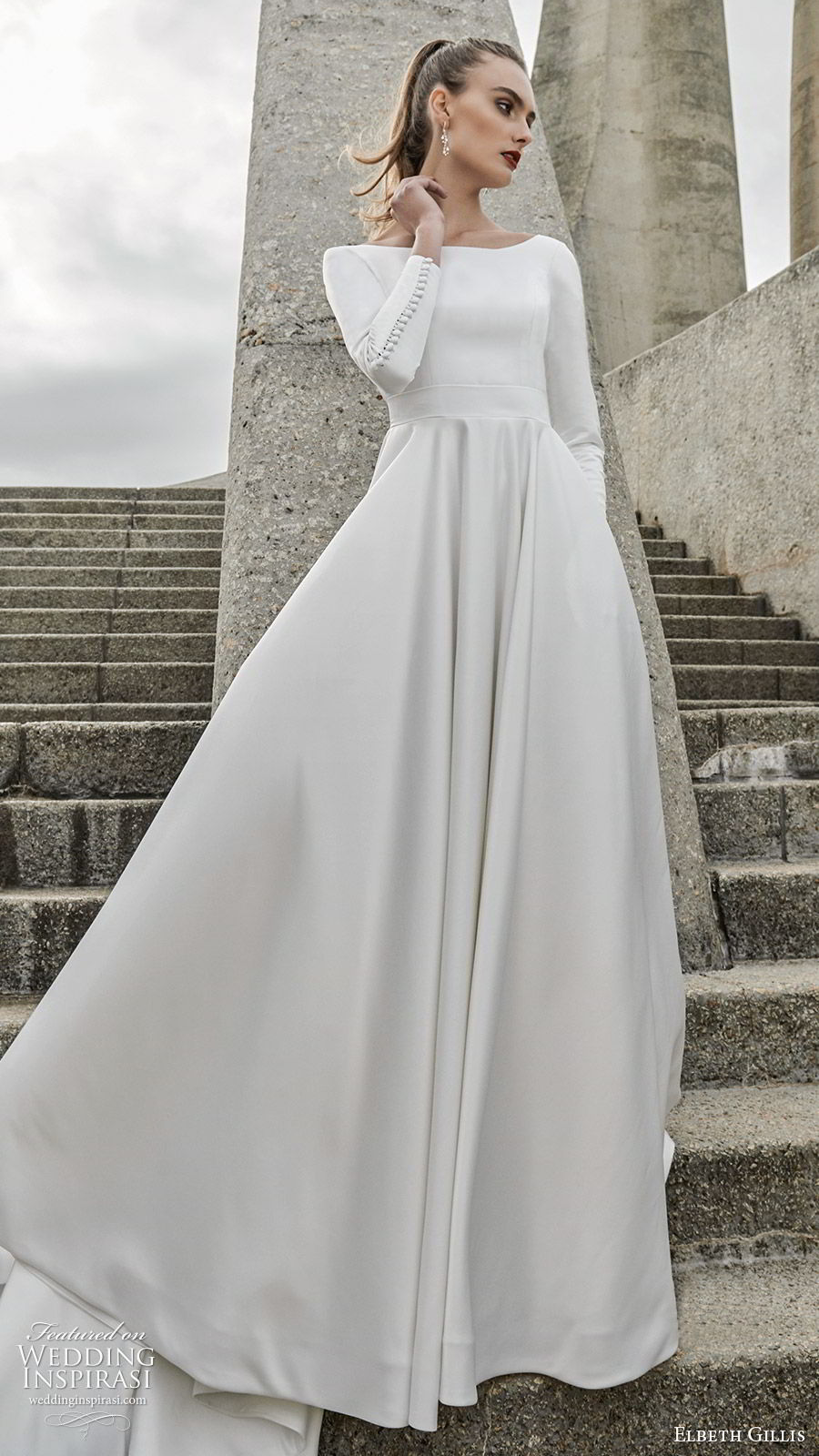 elbeth gillis 2020 bridal long sleeves bataeu neckline minimally embellished a line ball gown wedding dress (9) clean minimal chic princess modern cathedral train mv