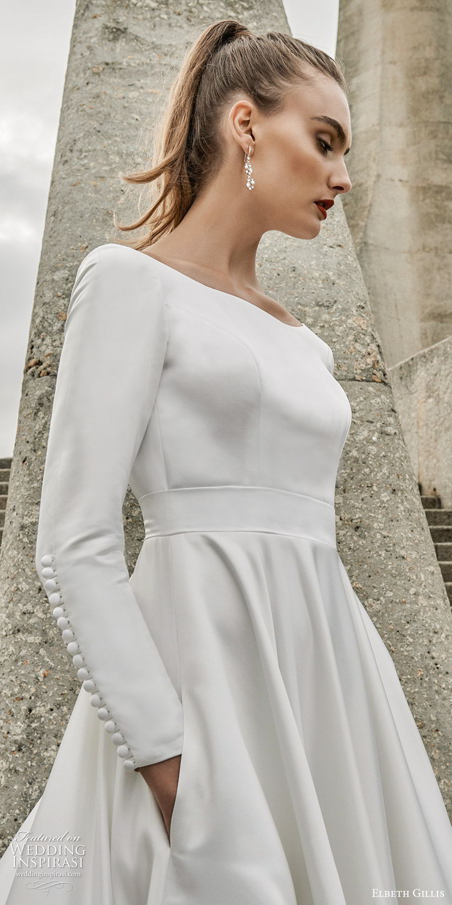 elbeth gillis 2020 bridal long sleeves bataeu neckline minimally embellished a line ball gown wedding dress (9) clean minimal chic princess modern cathedral train zv