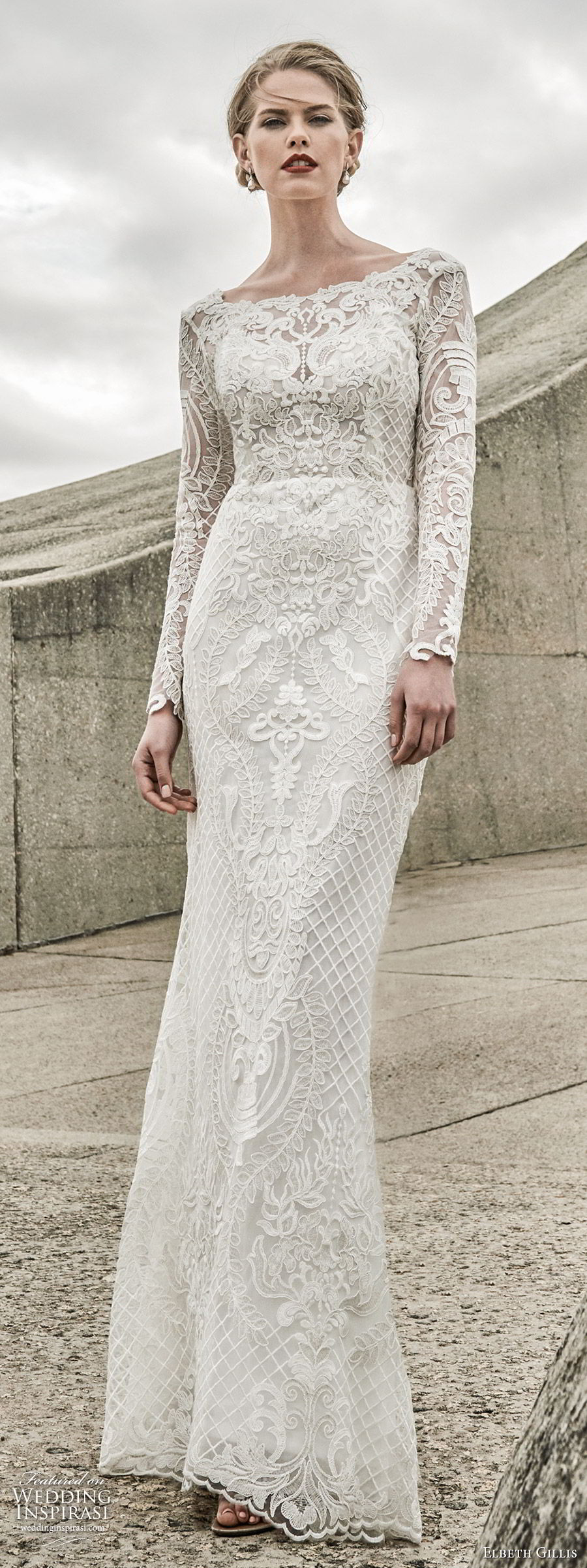 elbeth gillis 2020 bridal long sleeves bateau neckline fully embellished lace sheath wedding dress (1) romantic elegant sweep train v back lv