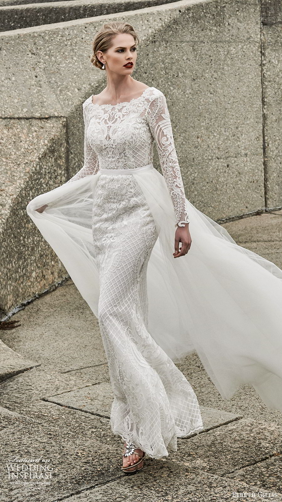 elbeth gillis 2020 bridal long sleeves bateau neckline fully embellished lace sheath wedding dress a line overskirt (1) romantic elegant sweep train v back fv