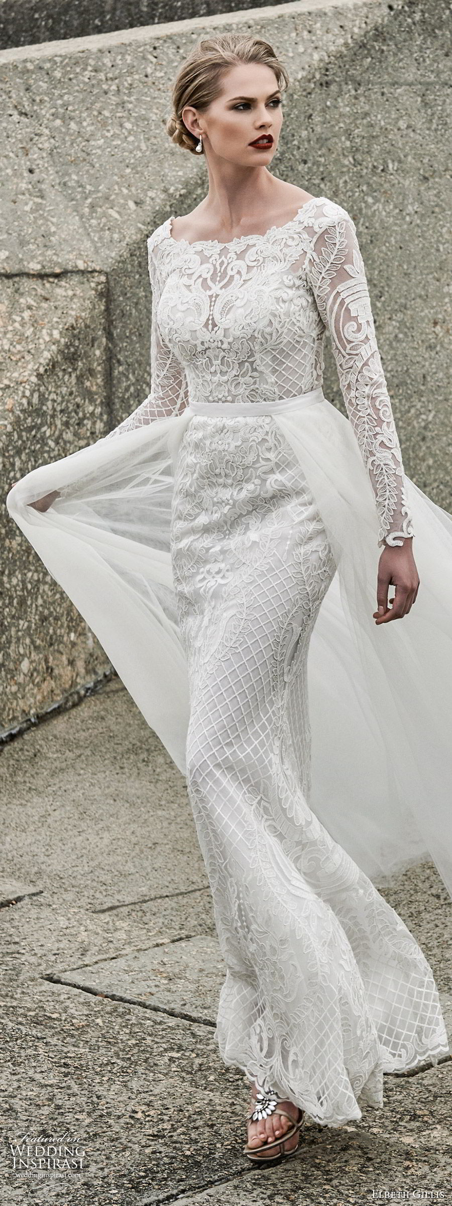 elbeth gillis 2020 bridal long sleeves bateau neckline fully embellished lace sheath wedding dress a line overskirt (1) romantic elegant sweep train v back lv