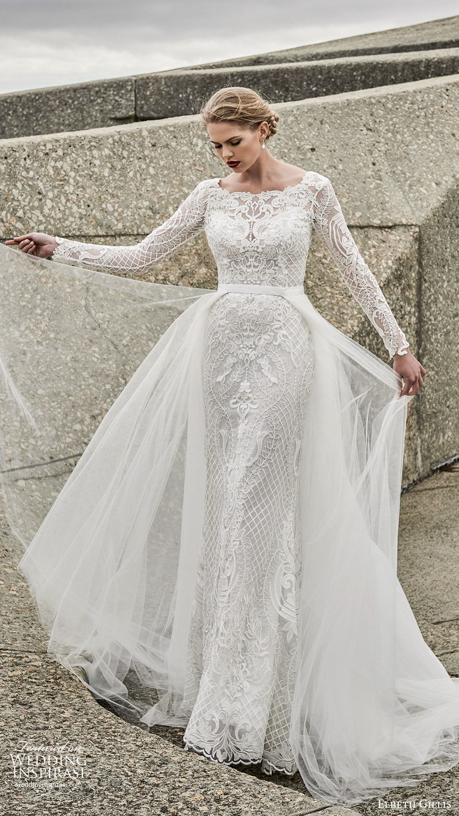 elbeth gillis 2020 bridal long sleeves bateau neckline fully embellished lace sheath wedding dress a line overskirt (1) romantic elegant sweep train v back mv