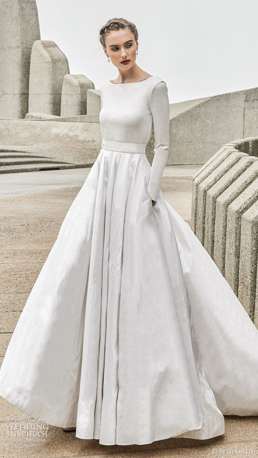 elbeth gillis 2020 bridal long sleeves bateau neckline minimally embellished a line ball gown wedding dress (2) clean chic minimal modest sweep train scoop back mv