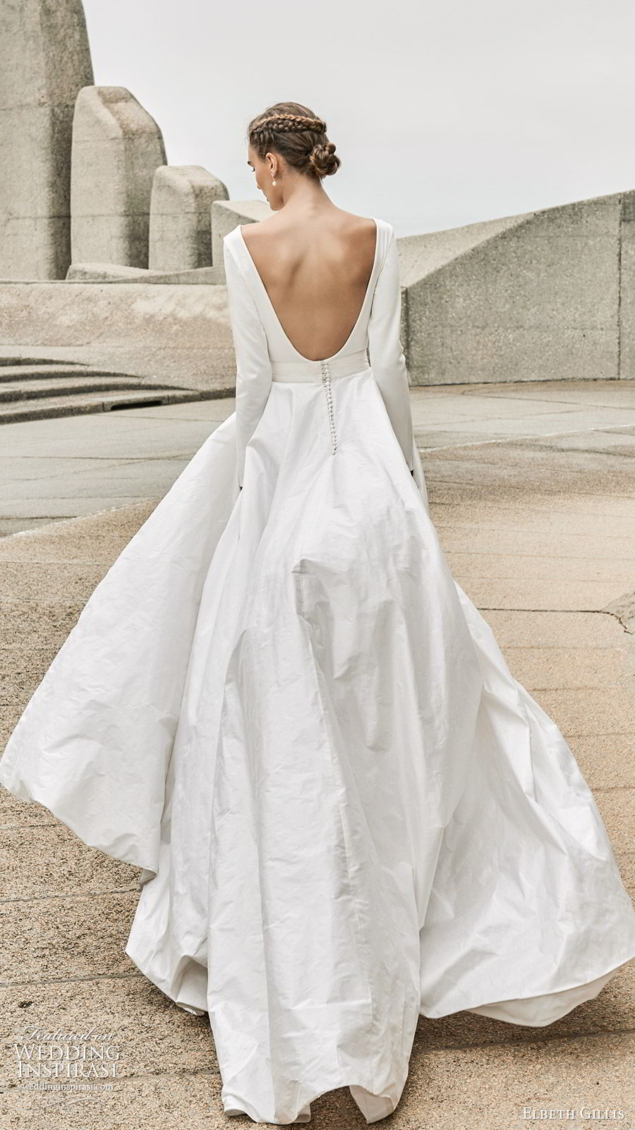 elbeth gillis 2020 bridal long sleeves bateau neckline minimally embellished a line ball gown wedding dress (2) clean chic minimal modest sweep train scoop back pockets bv