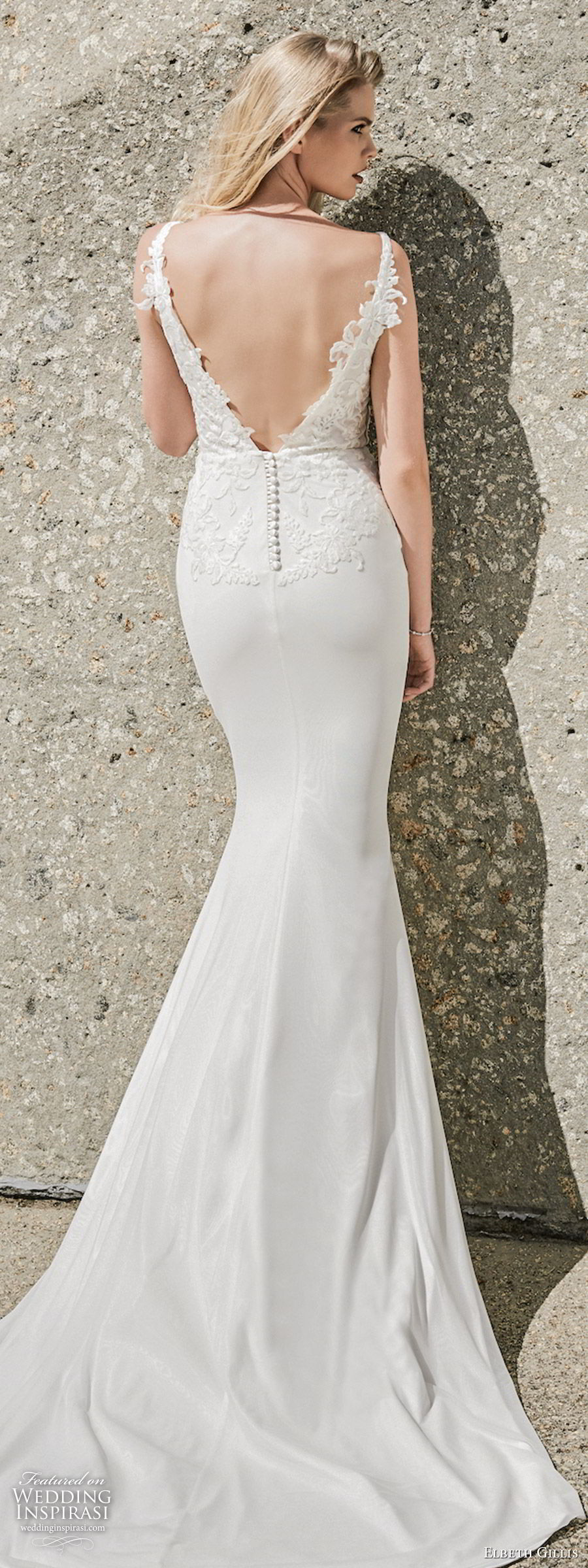 elbeth gillis 2020 bridal sleeveless plunging v neckline embellished lace bodice sheath wedding dress (7) elegant v back chapel train bv