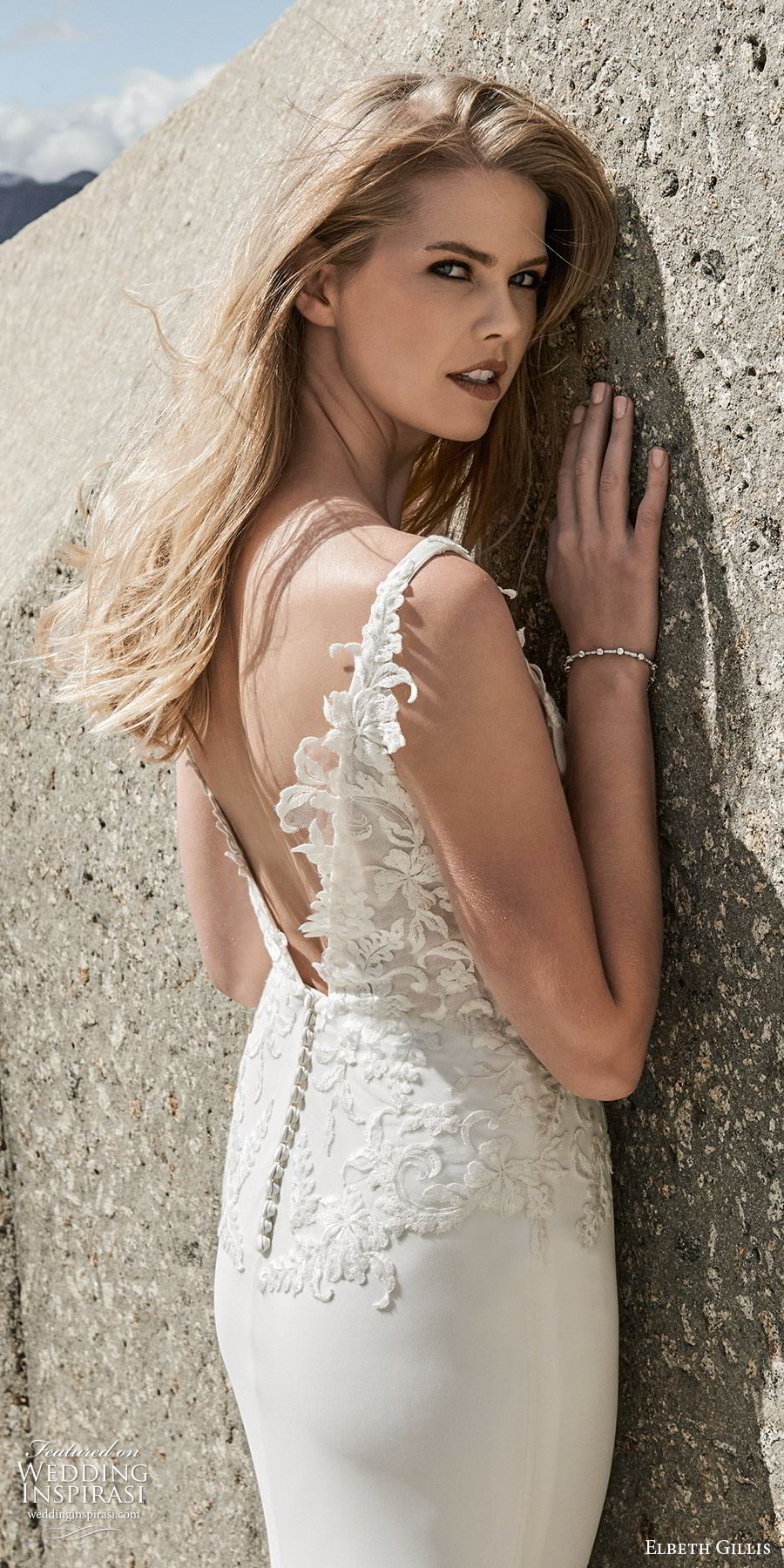 elbeth gillis 2020 bridal sleeveless plunging v neckline embellished lace bodice sheath wedding dress (7) elegant v back chapel train zbv