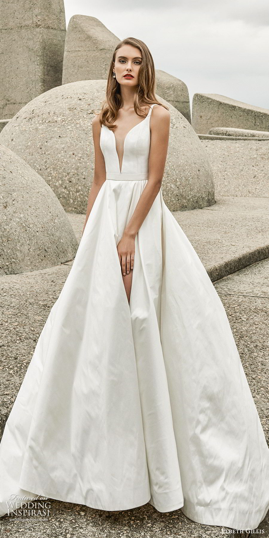 elbeth gillis 2020 bridal sleeveless straps plunging split sweetheart neckline minimally embellished a line ball gown wedding dress (3) slit skirt modern clean chic keyhole back sweep train mv 