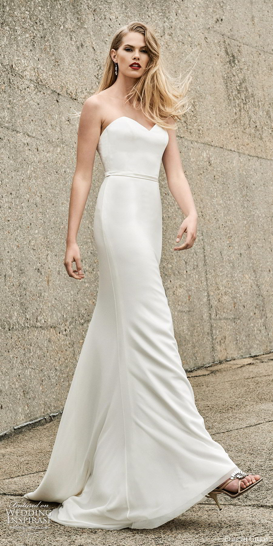 elbeth gillis 2020 bridal strapless sweetheart neckline minimally embellished sheath wedding dress (8) elegant clean chic sweep train mv