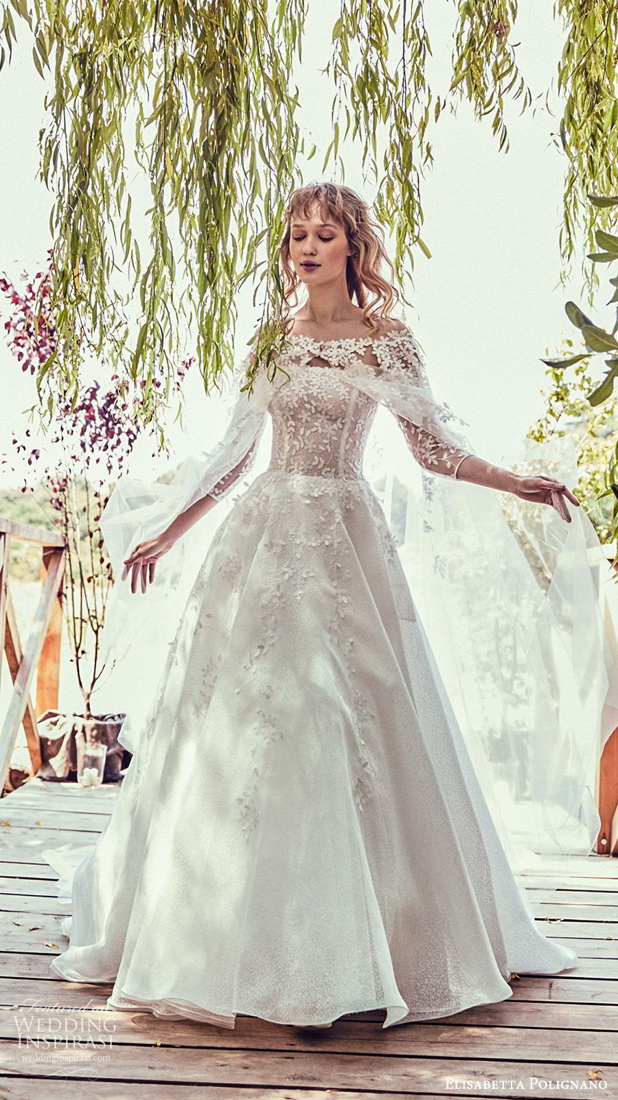 elisabetta polignano 2019 bridal illusion 3 quarter sleeves off shoulder fully embellished ball gown wedding dress (8) romantic princess sheer cape mv