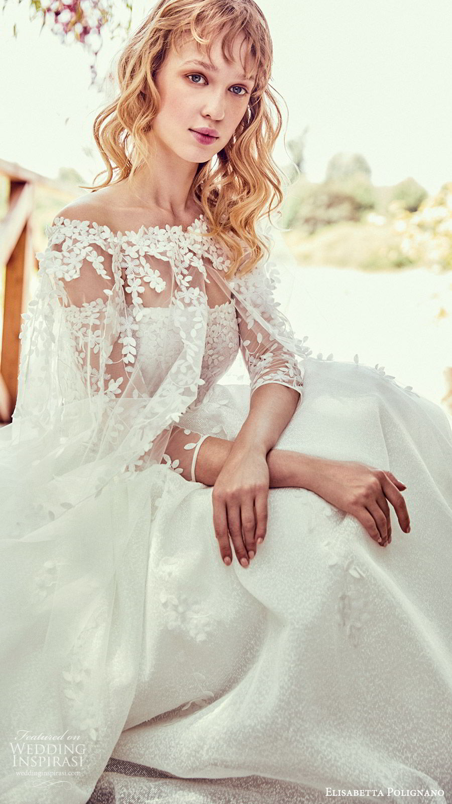 elisabetta polignano 2019 bridal illusion 3 quarter sleeves off shoulder fully embellished ball gown wedding dress (8) romantic princess sheer cape zv