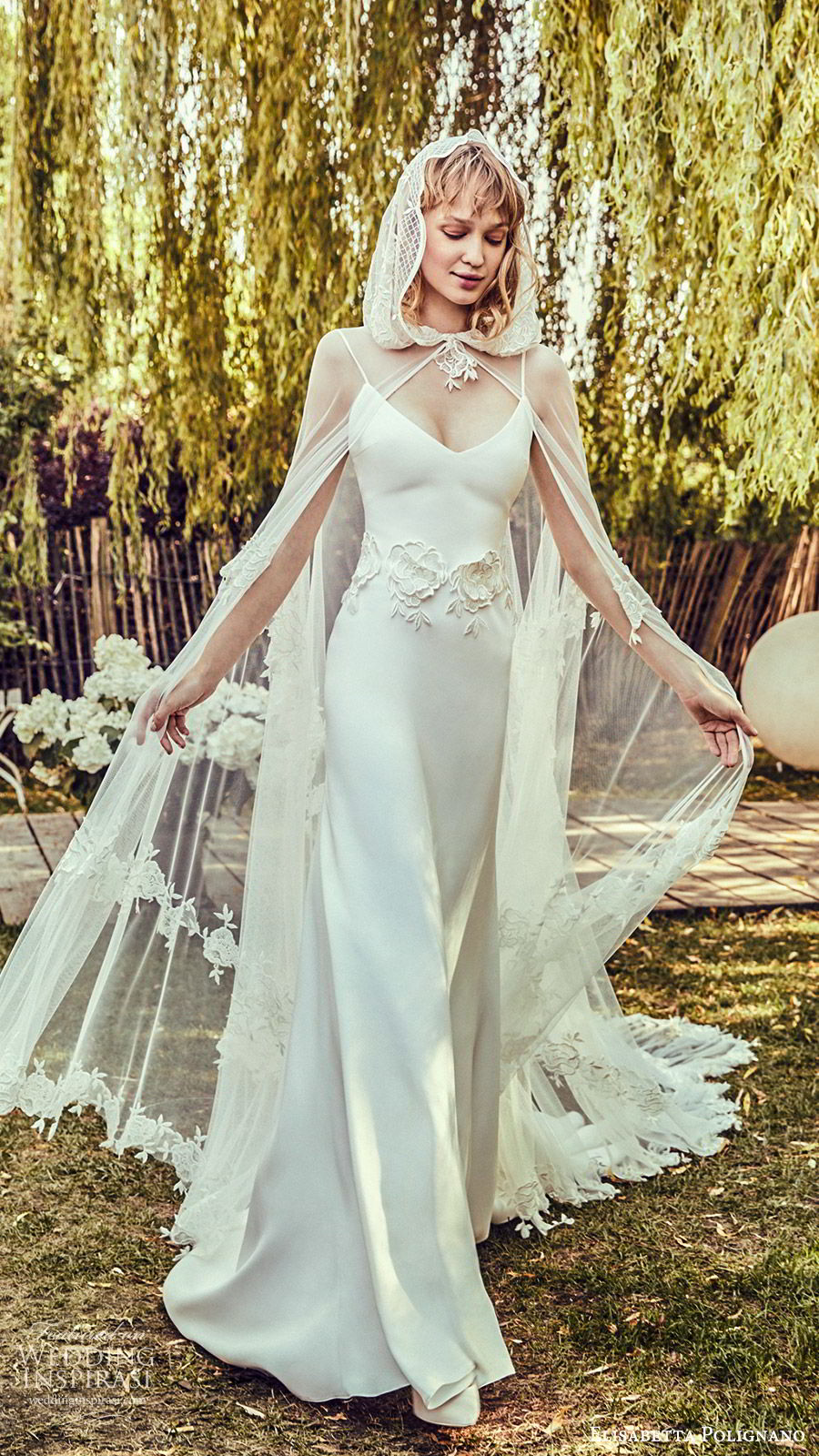 elisabetta polignano 2019 bridal sleeveless thin straps scoop neckline embellished waist sheath wedding dress (4) sheer cape hood cloak boho chic mv