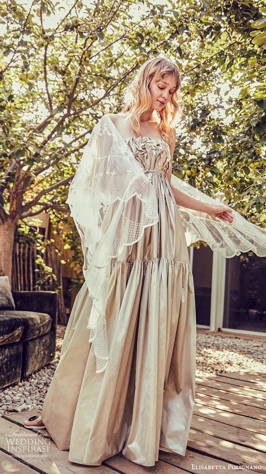 elisabetta polignano 2019 bridal strapless straight across neckline empire waist a line ball gown wedding dress (10) modern chic metallic veil mv
