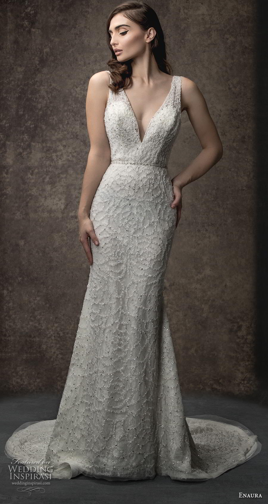 enaura spring 2019 bridal sleeveless deep v neck full embellishment elegant sheath wedding dress v back medium train (4) mv