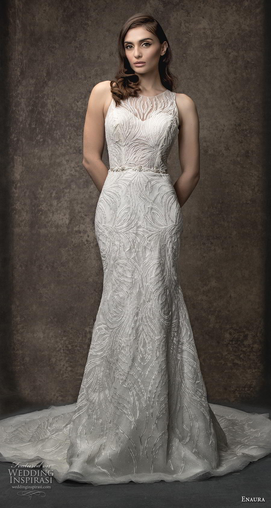 enaura spring 2019 bridal sleeveless halter neck full embellishment elegant sheath modfied a  line wedding dress lace back chapel train (12) mv