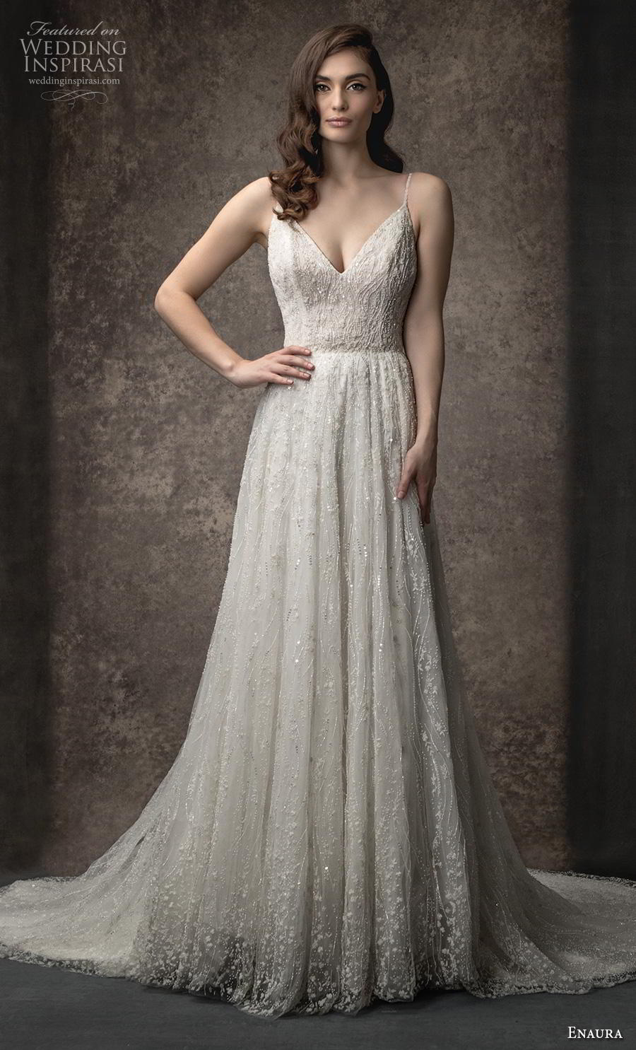 enaura spring 2019 bridal sleeveless spaghetti strap diamond neckline full embellishment elegant glamorous soft a  line wedding dress v back chapel train (11) mv