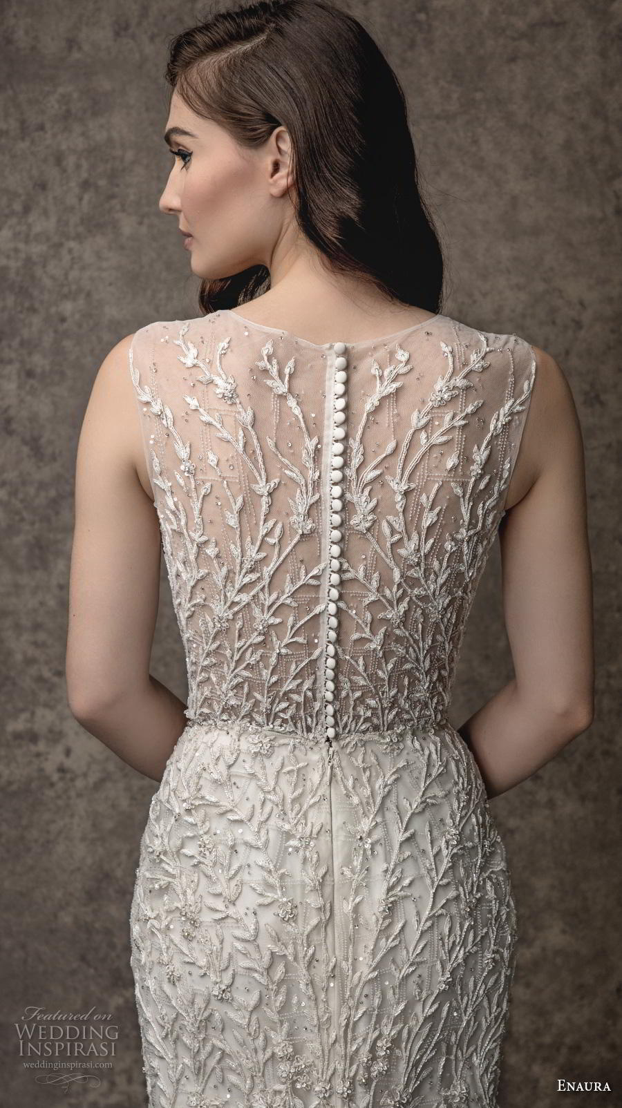 enaura spring 2019 bridal sleeveless thick strap v neck full embellishment elegant sheath wedding dress lace button back medium train (9) zbv