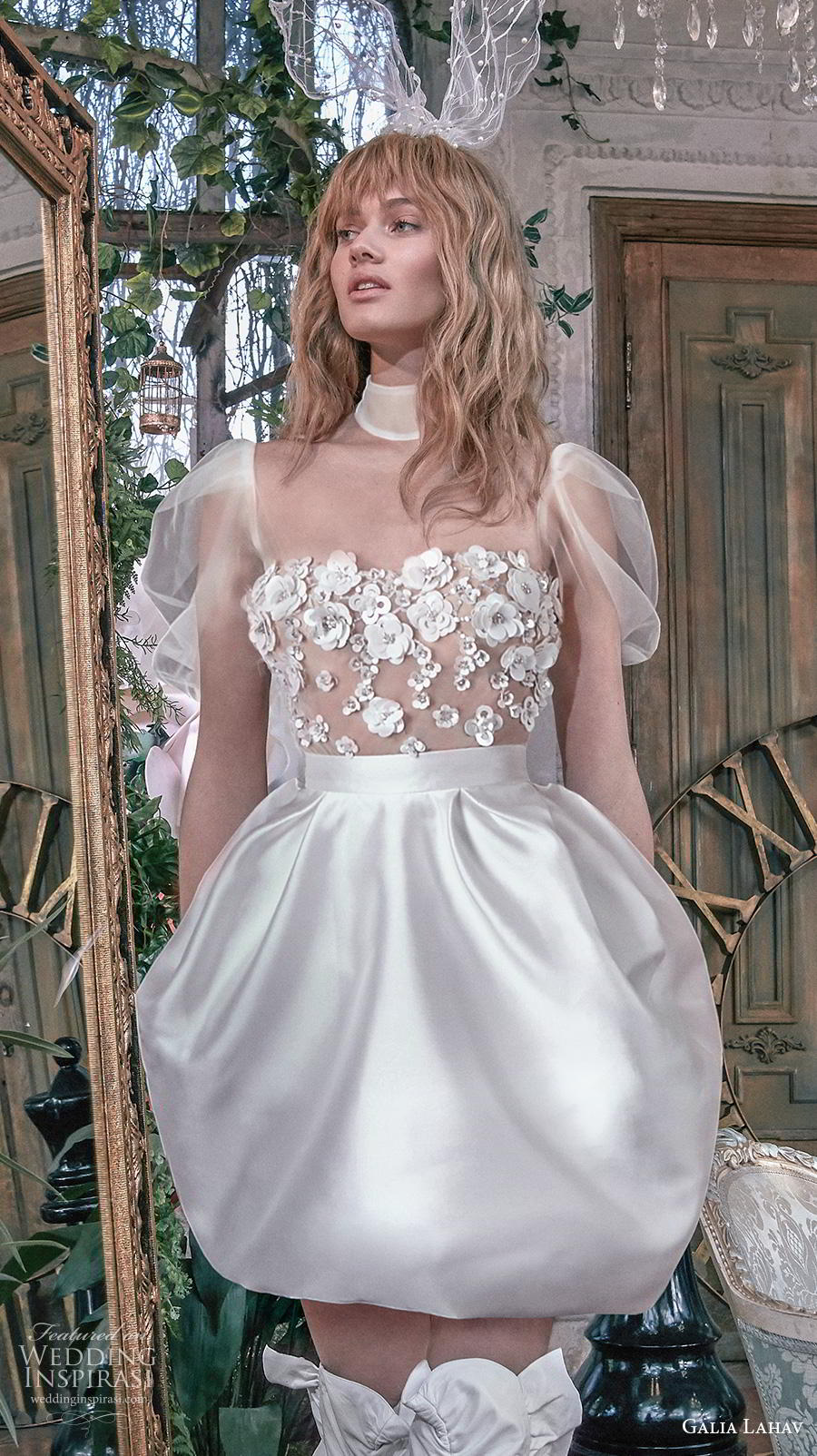 galia lahav s2020 gala bridal short puff sleeves high neck heavily embellished bodice romantic short bubble wedding dress sheer back (10) zv