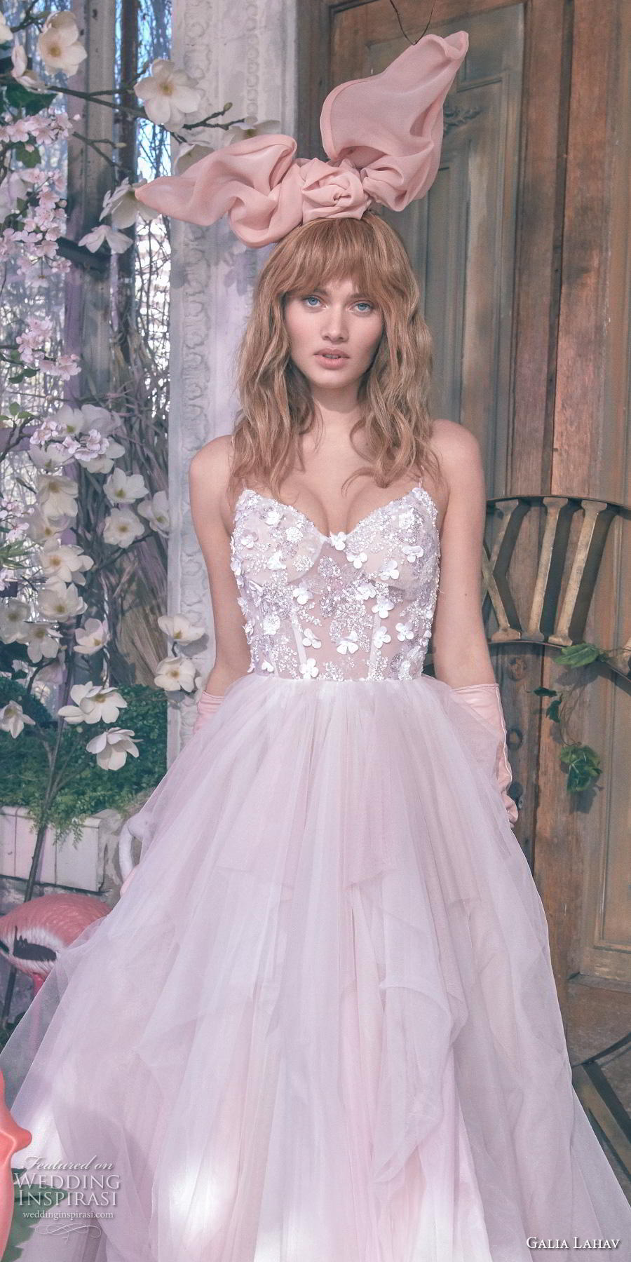 galia lahav s2020 gala bridal spaghetti strap sweetheart neckline heavily embellished bodice tulle skirt ombre pink a  line wedding dress mid back chapel train (6) zv