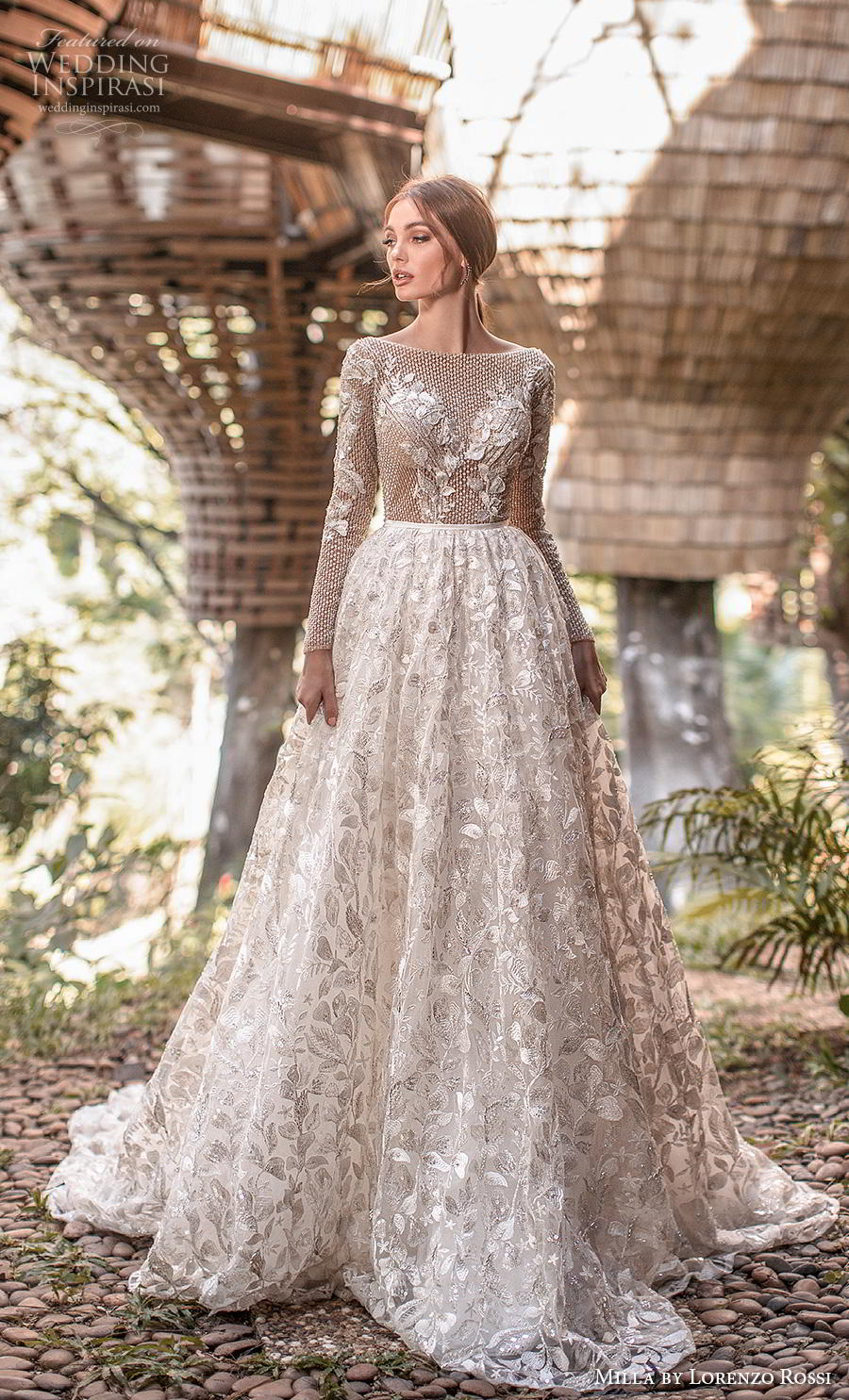 lorenzo rossi 2019 milla bridal long sleeves bateau neckline full embellishment glamorous romantic a  line wedding dress backless v back chapel train (2) mv