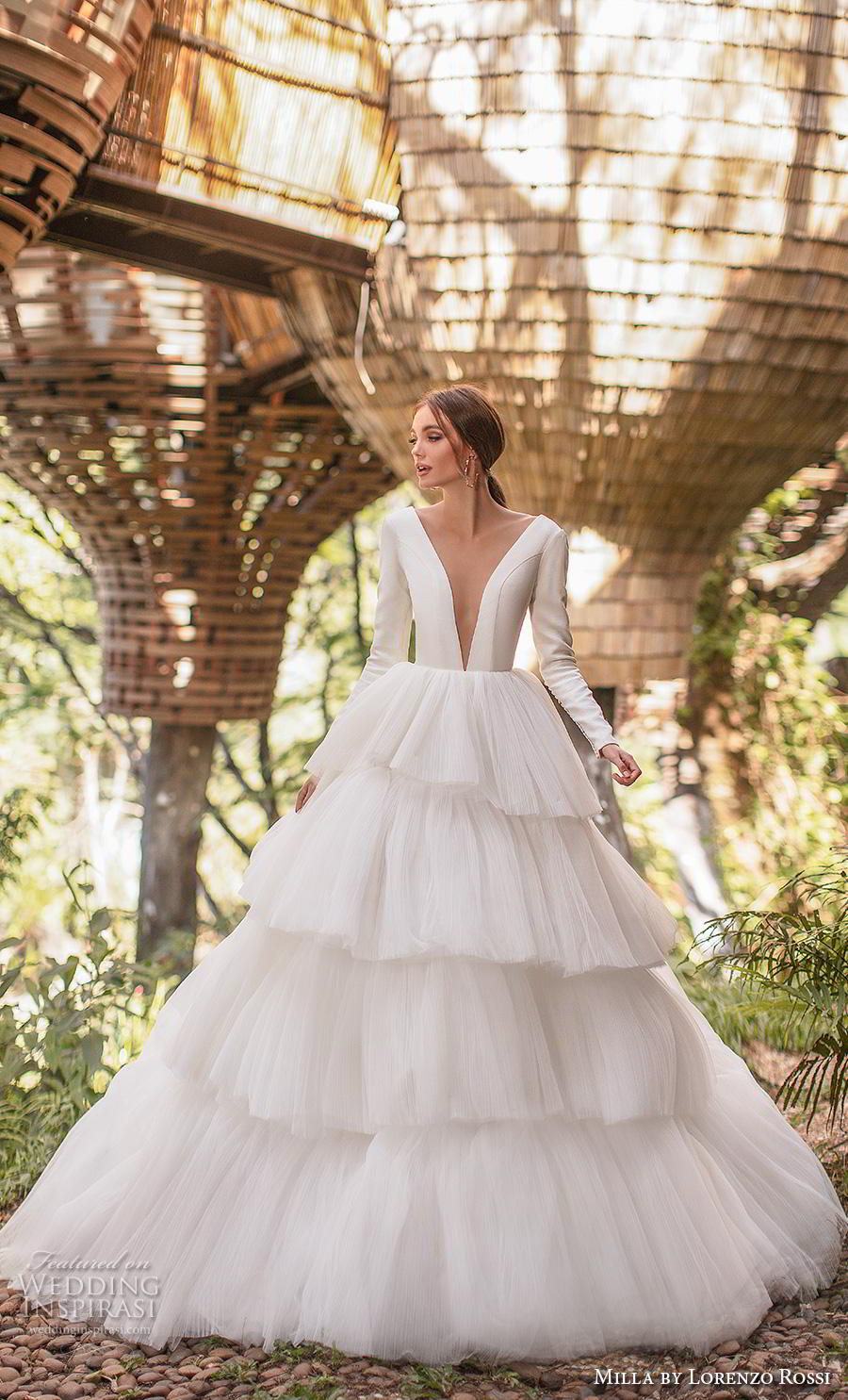 lorenzo rossi 2019 milla bridal long sleeves deep plunging v neck simple elegant minimalist tiered skirt ball gown a line wedding dress sheer button back royal train 1 mv