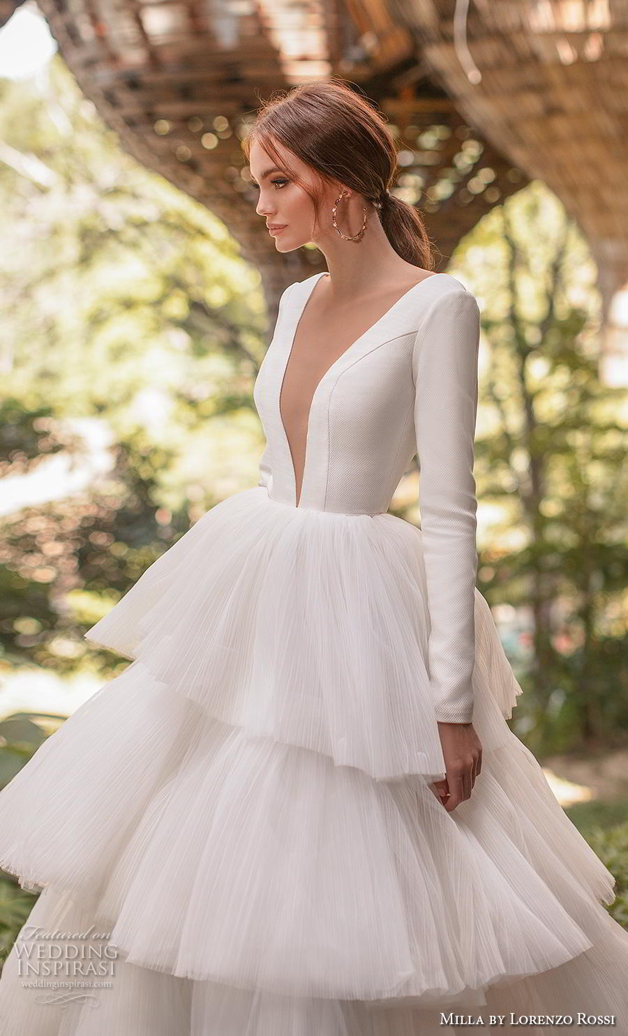 lorenzo rossi 2019 milla bridal long sleeves deep plunging v neck simple elegant minimalist tiered skirt ball gown a  line wedding dress sheer button back royal train (1) zv