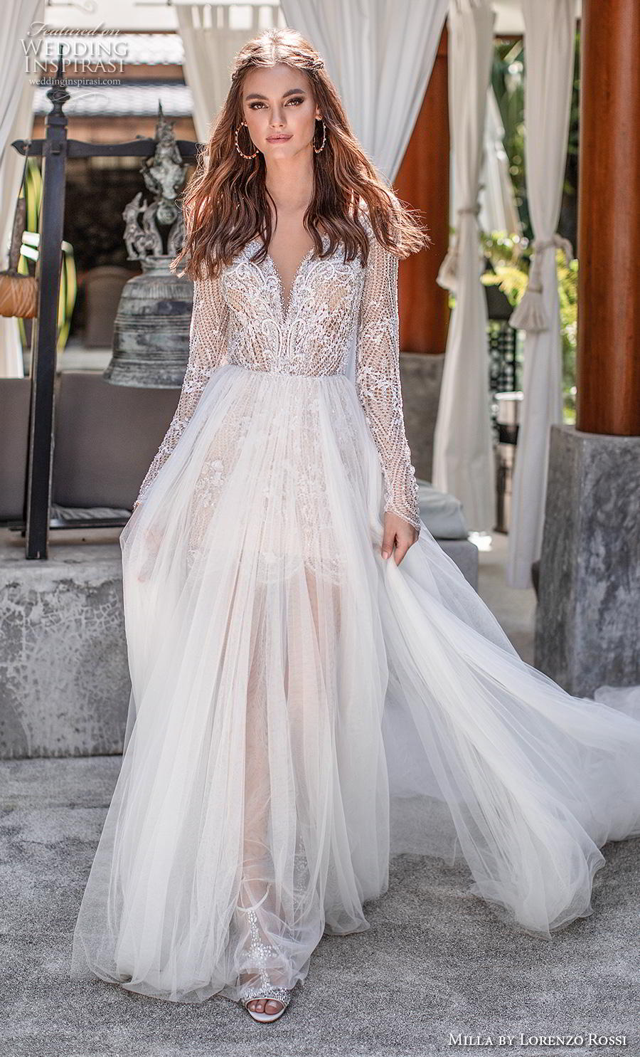 lorenzo rossi 2019 milla bridal long sleeves deep sweetheart neckline heavily embellished bodice sheer skirt romantic soft a  line wedding dress chapel train (15) mv