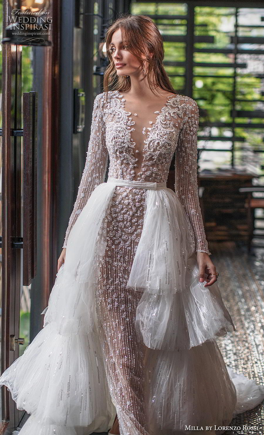 lorenzo rossi 2019 milla bridal long sleeves deep v neck full embellishment glamorous sheath wedding dress a  line overskirt covered lace back chapel train (16) zv