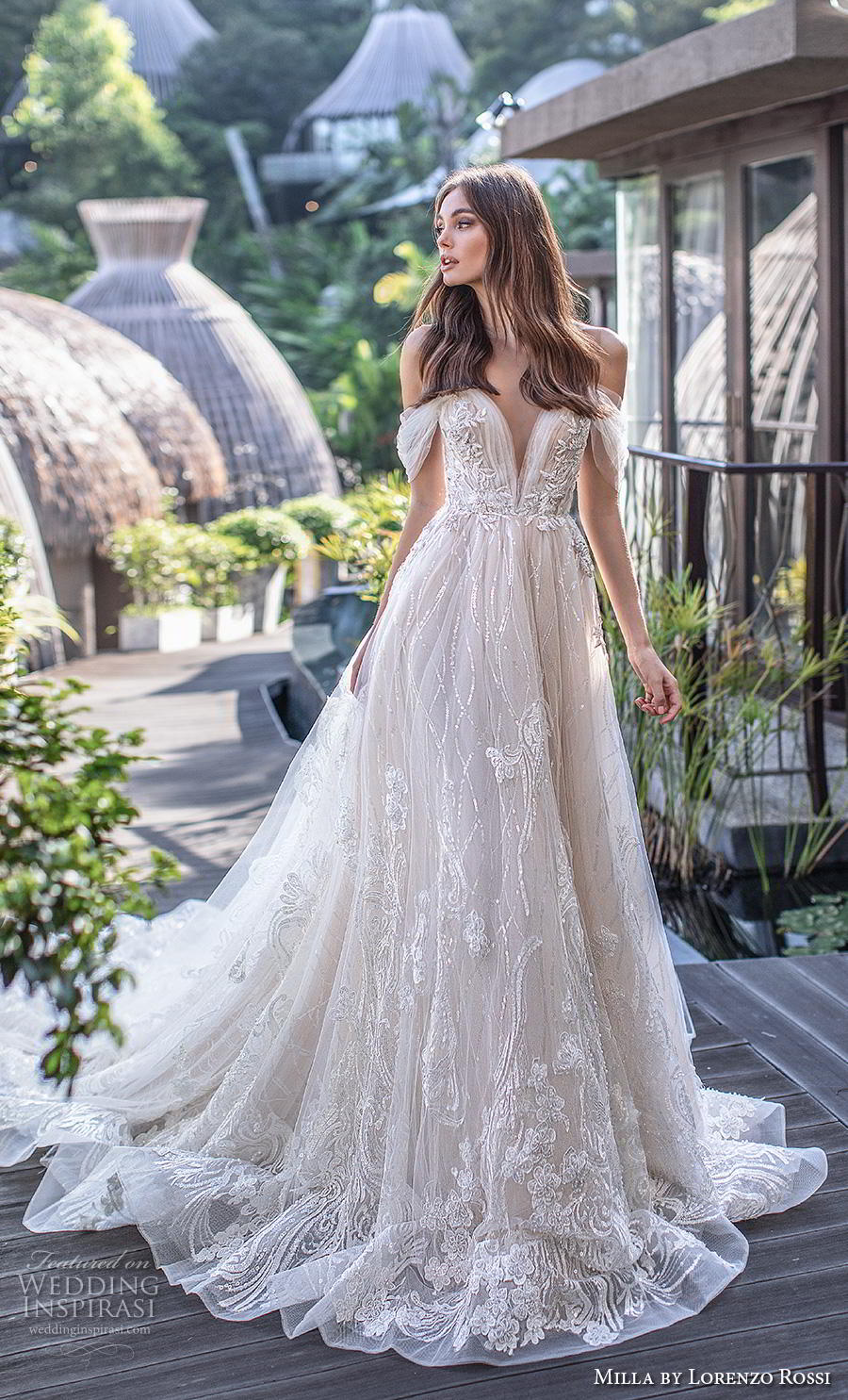 lorenzo rossi 2019 milla bridal off the shoulder deep sweetheart neckline full embellishment romantic a  line wedding dress sheer button back chapel train (3) mv