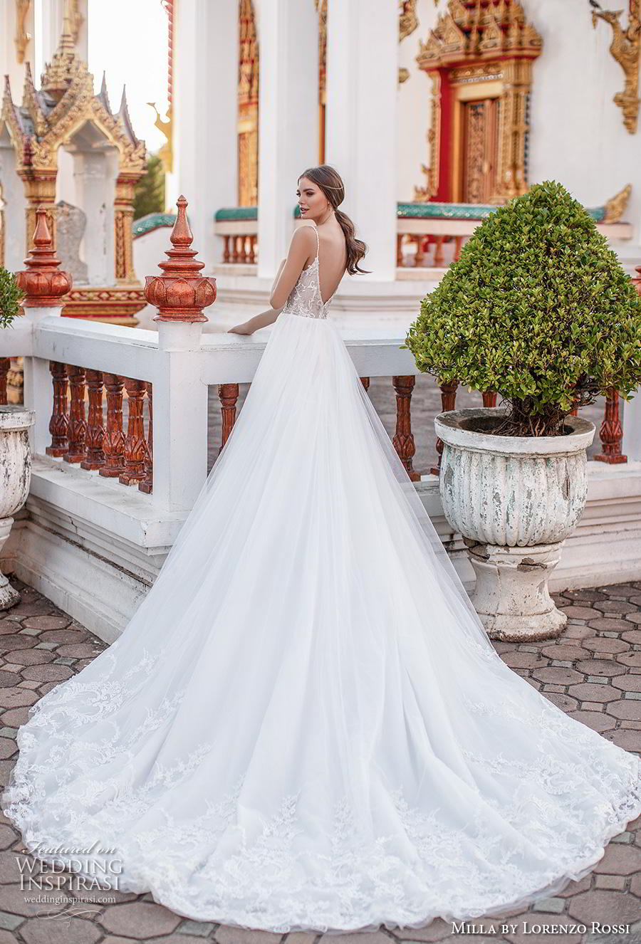 lorenzo rossi 2019 milla bridal sleeveless spaghetti strap diamond neckline heavily embellished bodice romantic soft a  line wedding dress v back royal train (10) bv