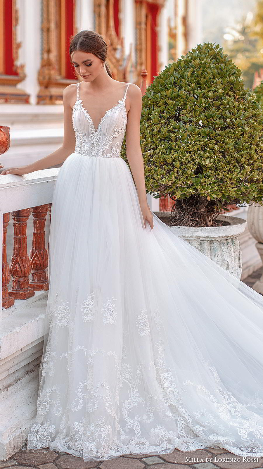 lorenzo rossi 2019 milla bridal sleeveless spaghetti strap diamond neckline heavily embellished bodice romantic soft a  line wedding dress v back royal train (10) mv