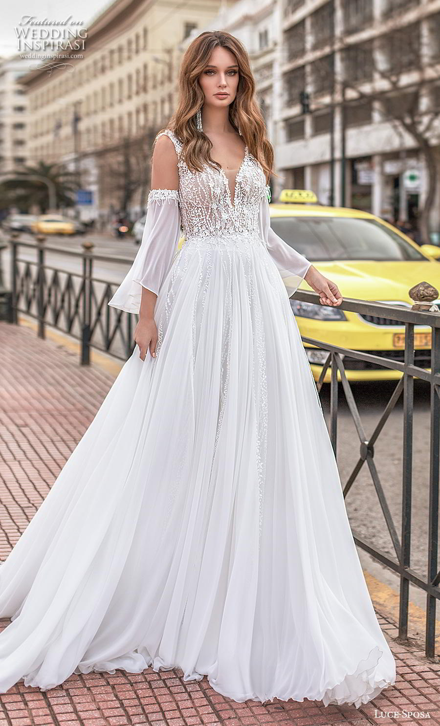 luce sposa 2020 bridal long bell sleeves cold shoulder deep sweetheart neckline heavily embellished bodice romantic soft a  line wedding dress v back chapel train (6) mv