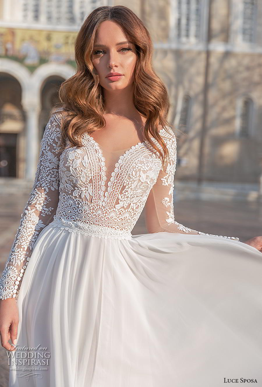 luce sposa 2020 bridal long sleeves v neck heavily embellished bodice romantic modified soft a  line wedding dress sheer button back sweep train (3) zv