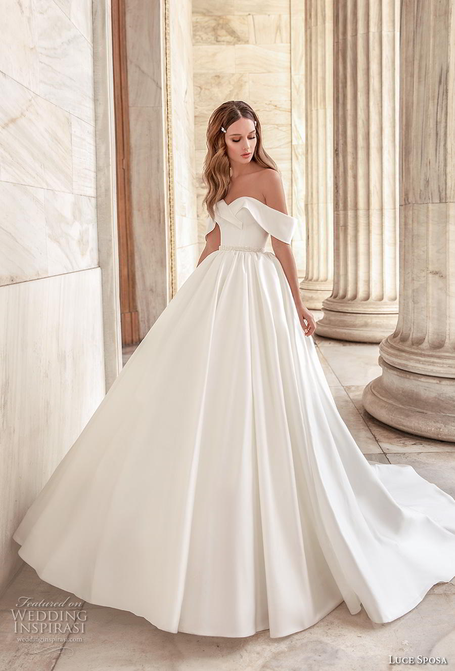 luce sposa 2020 bridal off the shoulder sweetheart neckline simple minimalist princess ball gown a  line wedding dress pockets mid back chapel train (7) mv