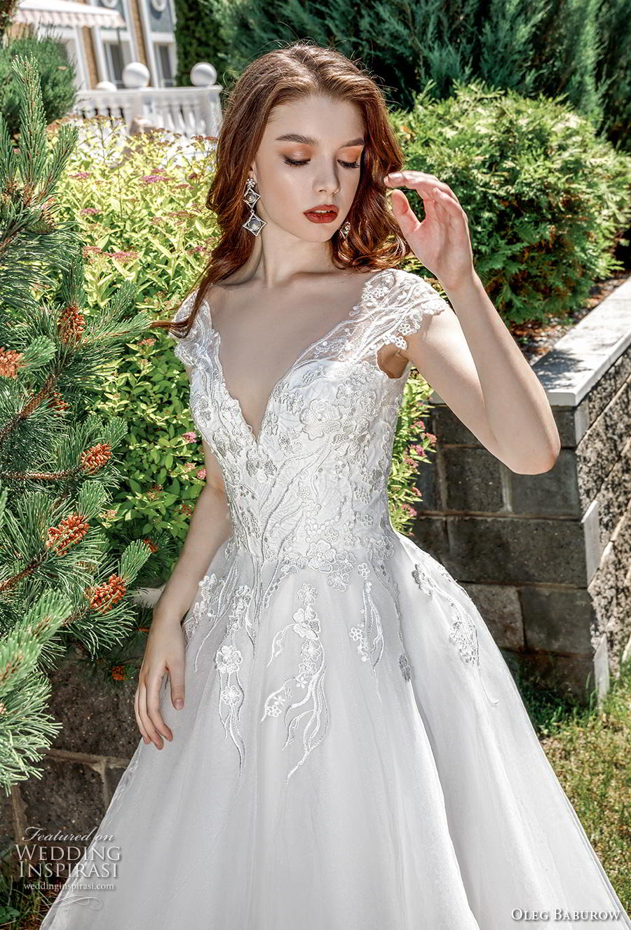 oleg baburow 2020 bridal cap sleeves v neck heavily embellished bodice romantic a  line wedding dress corset back chapel train (16) zv