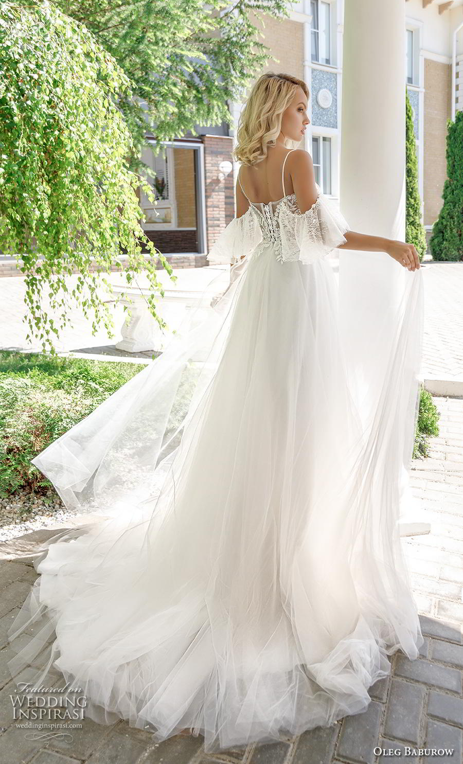 oleg baburow 2020 bridal cold shoulder butterfly sleeves square neckline heavily embellished bodice romantic a  line wedding dress mid back chapel train (3) bv