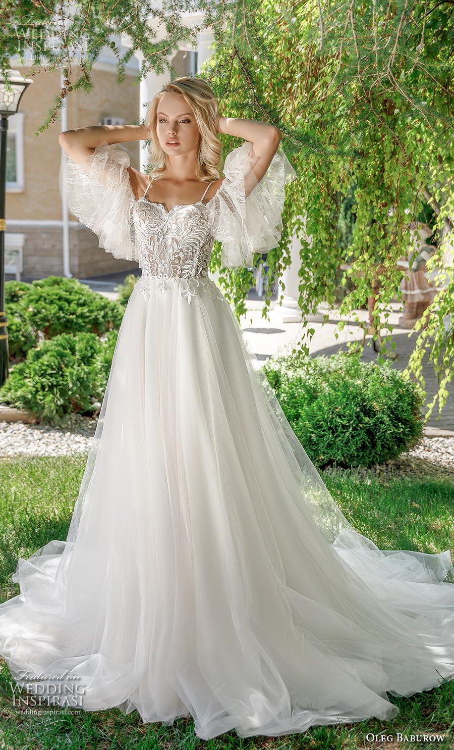 oleg baburow 2020 bridal cold shoulder butterfly sleeves square neckline heavily embellished bodice romantic a  line wedding dress mid back chapel train (3) mv