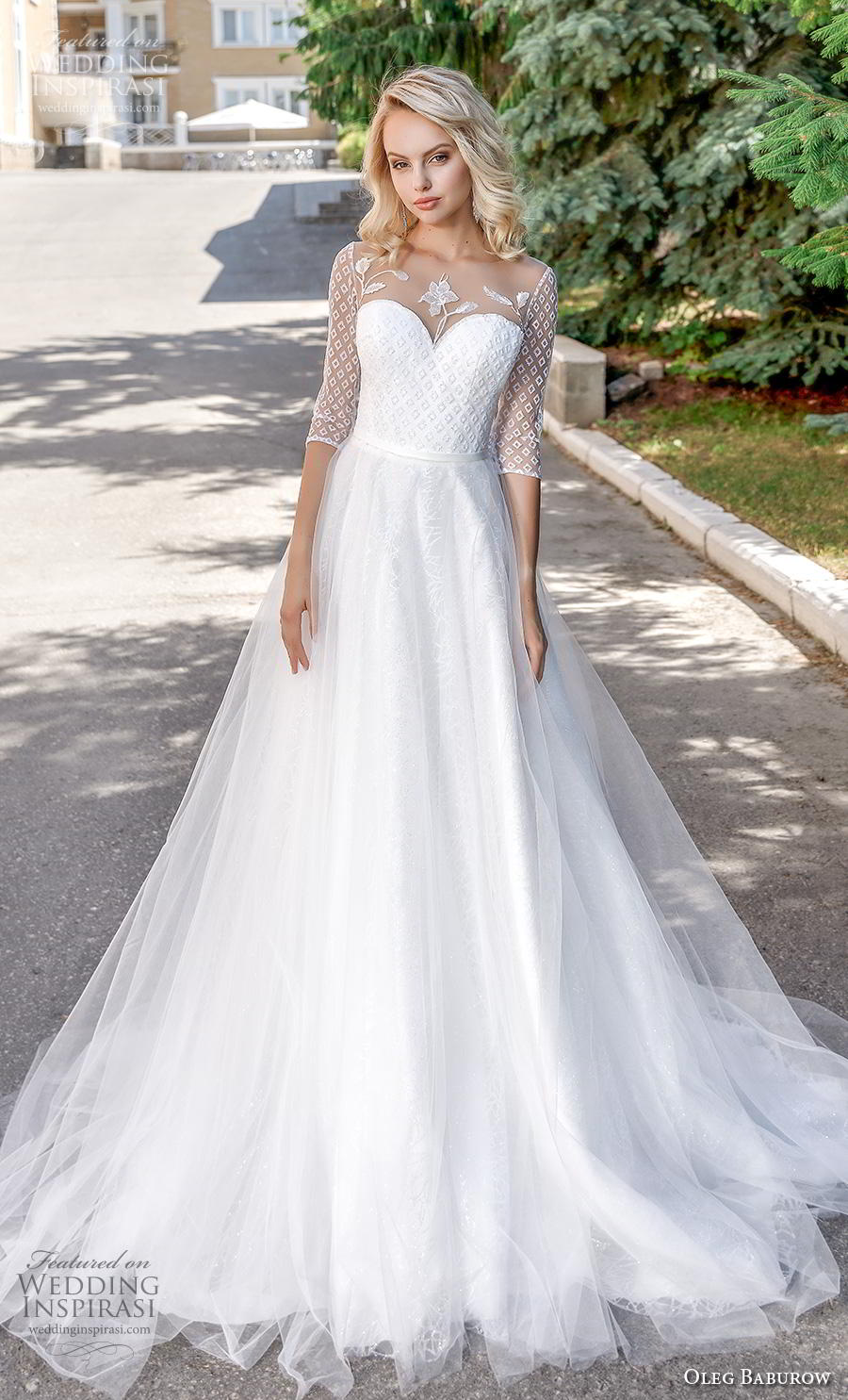 oleg baburow 2020 bridal half sleeves illusion jewel sweetheart neckline heavily embellished bodice romantic soft a  line wedding dress sheer button back chapel train (1) mv