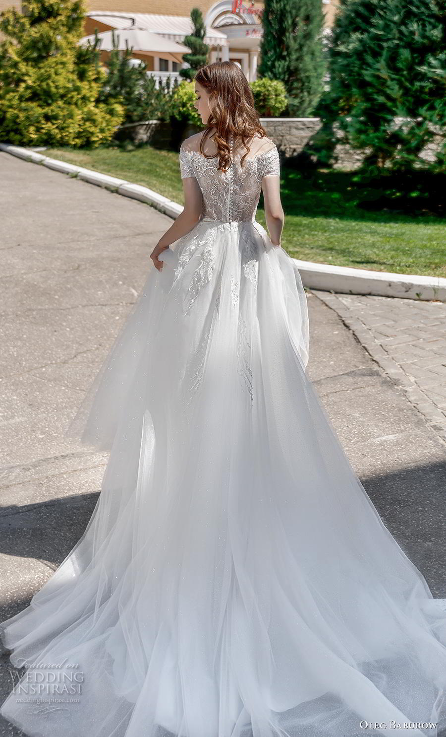 oleg baburow 2020 bridal short sleeves off the shoulder heavily embellished bodice romantic a  line wedding dress lace button back chapel train (6) bv