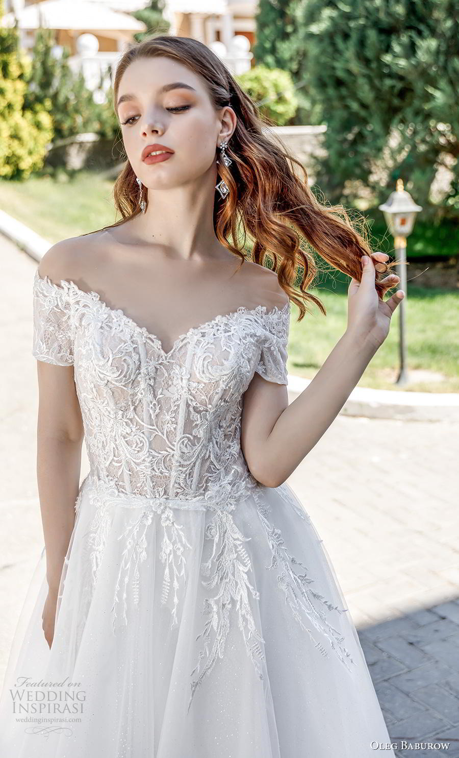 oleg baburow 2020 bridal short sleeves off the shoulder heavily embellished bodice romantic a  line wedding dress lace button back chapel train (6) zv