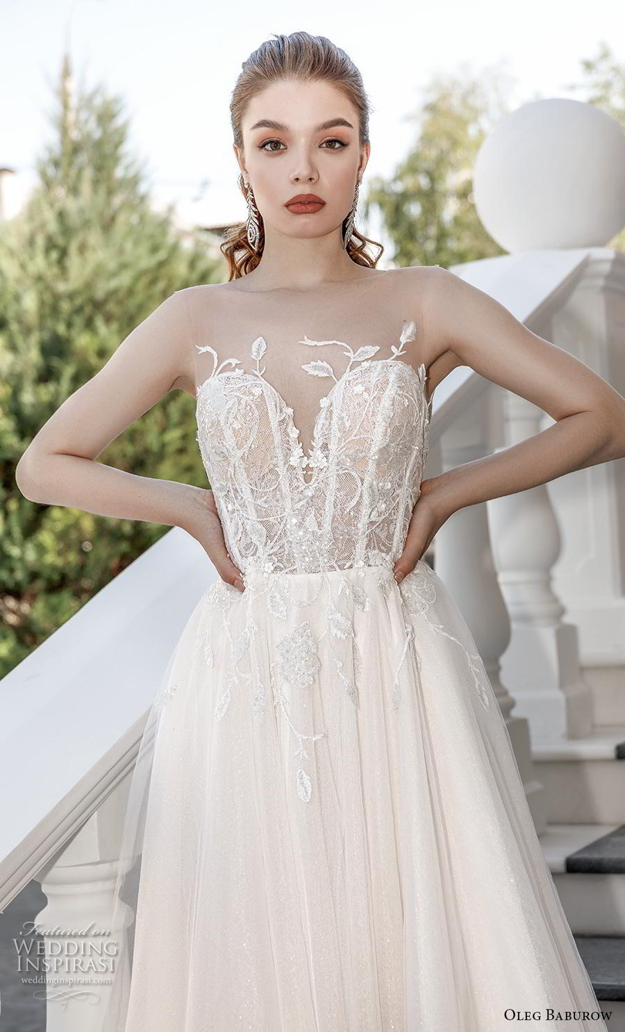 oleg baburow 2020 bridal sleeveless illision jewel sweetheart neckline heavily embellished bodice busiter romantic soft a  line wedding dress lace button back chapel train (10) zv