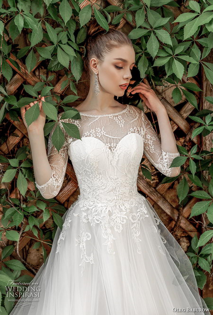 oleg baburow 2020 bridal three quarter sleeves illusion bateau sweetheart neckline heavily embellished bodice romantic a  line wedding dress lace button back chapel train (17) zv