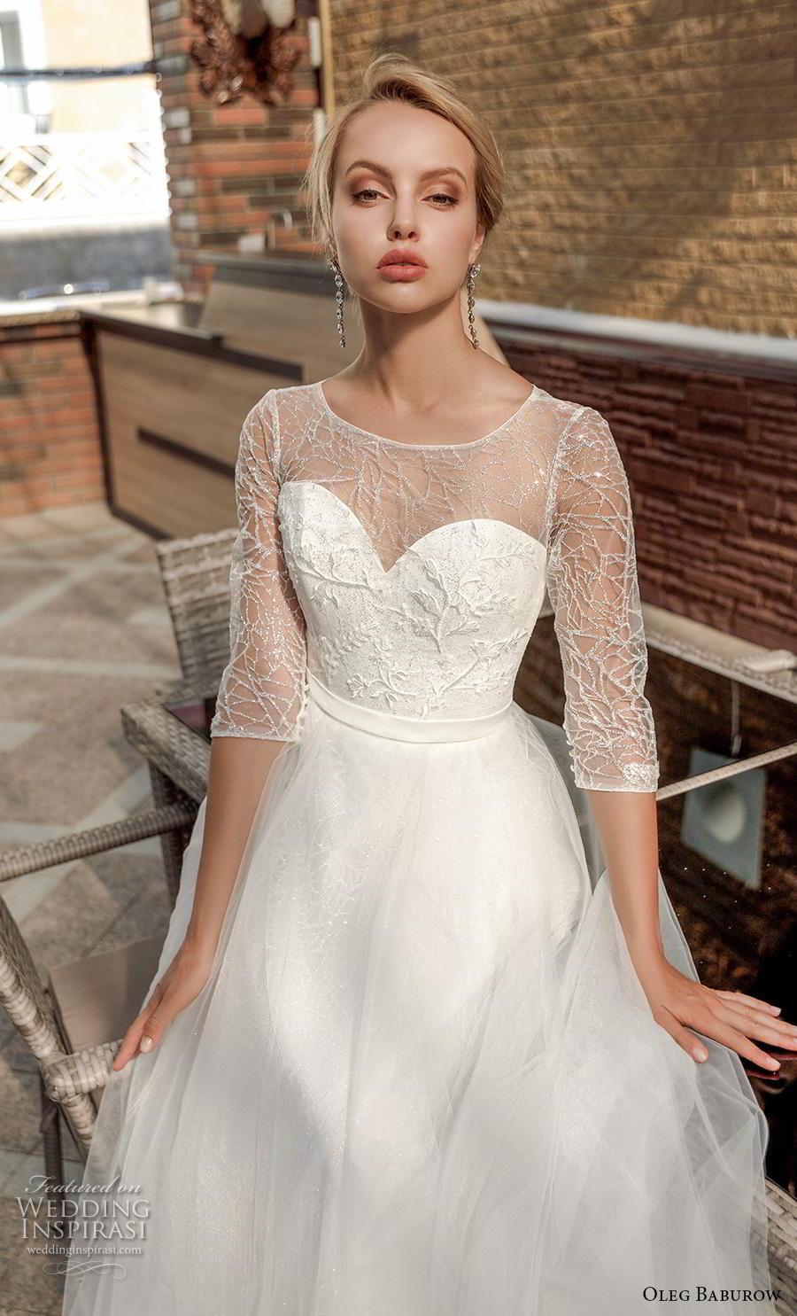 oleg baburow 2020 bridal three quarter sleeves illusion jewel sweetheart neckline heavily embellished bodice romantic a  line wedding dress corset back chapel train (15) zv