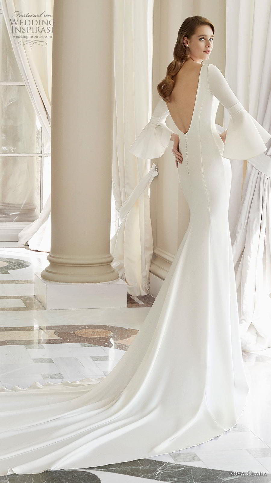 rosa clara 2019 couture bridal long lantern sleeves bateau neckline simple minimalist elegant sheath wedding dress v back chapel train (8) bv