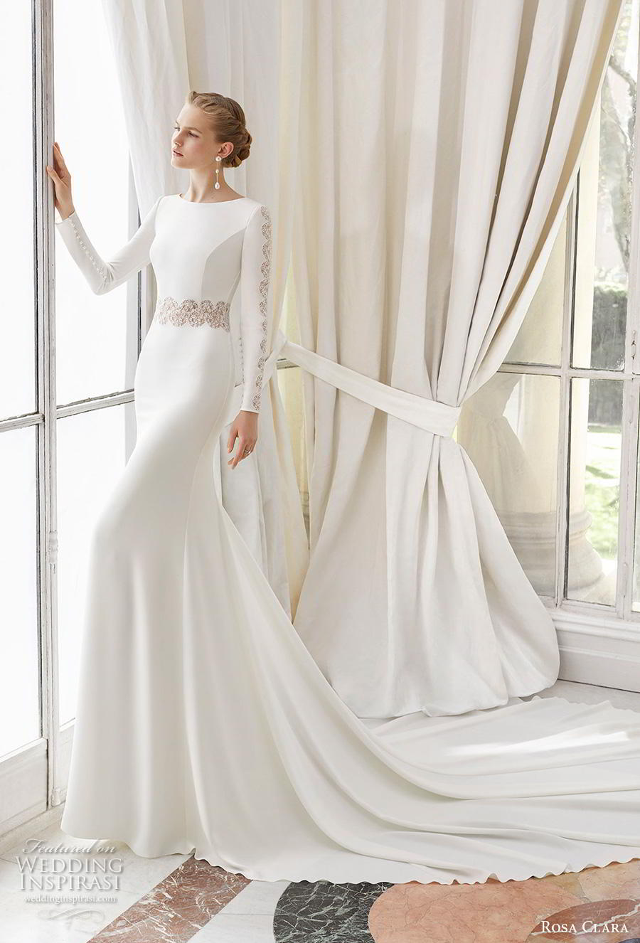 rosa clara 2019 couture bridal long sleeves bateau neckline simple minimalist elegant fit and flare sheath wedding dress v back chapel train (7) mv