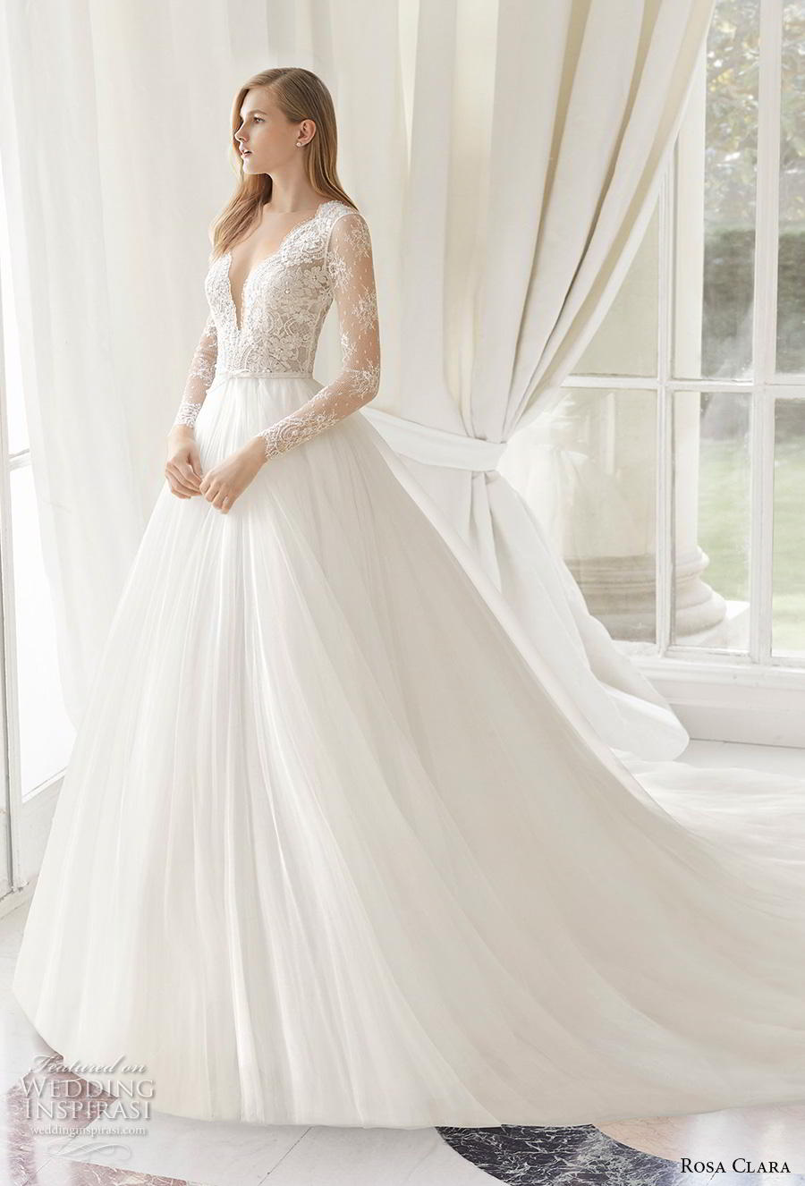 rosa clara 2019 couture bridal long sleeves deep v neck heavily embellished bodice romantic princess a  line wedding dress sheer button back chapel train (12) mv