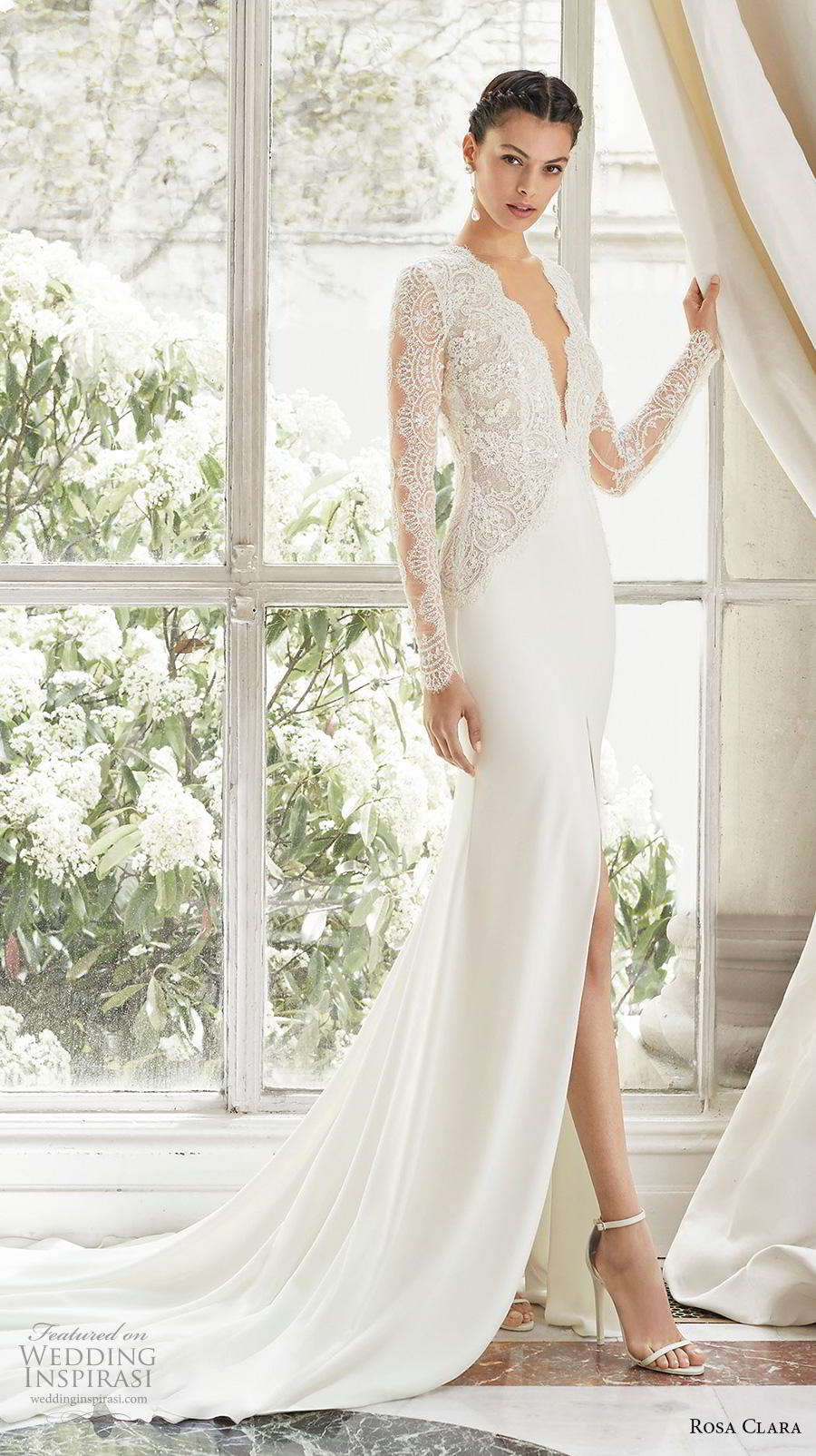 rosa clara 2019 couture bridal long sleeves deep v neck heavily embellished bodice slit skirt elegant sheath wedding dress backless v back chapel train (5) mv